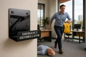 defibtech wall mount bracket, man races to help unconscious man
